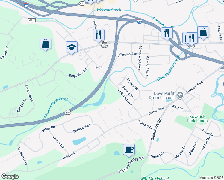 map of restaurants, bars, coffee shops, grocery stores, and more near 2026 Arlington Avenue in Stroudsburg