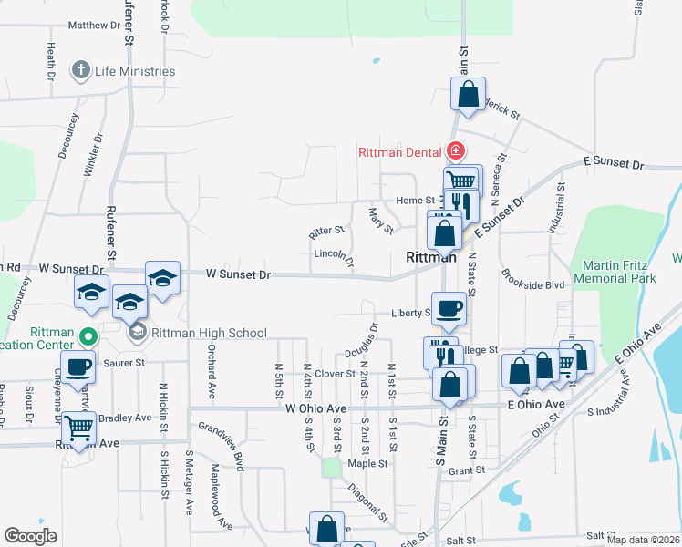 map of restaurants, bars, coffee shops, grocery stores, and more near 118 Liberty Street in Rittman