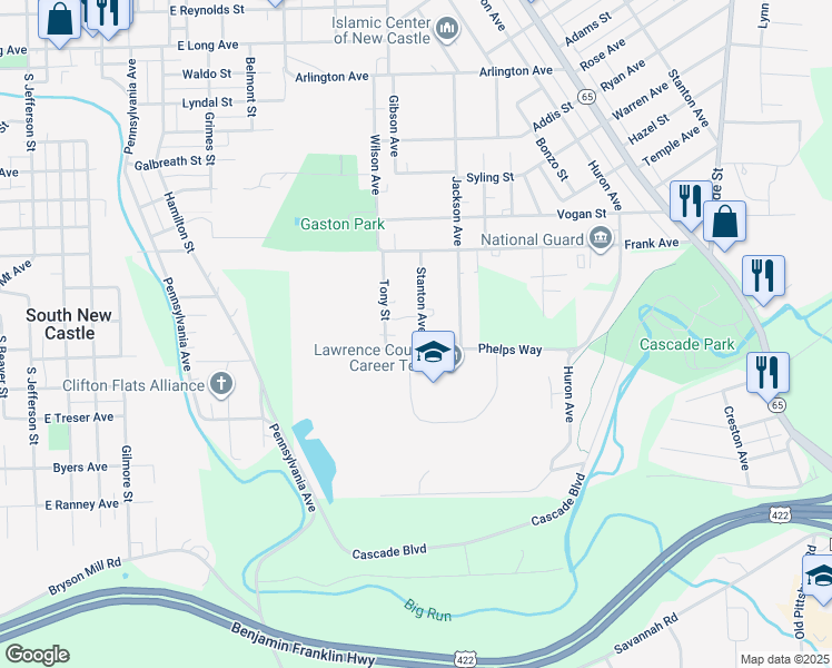 map of restaurants, bars, coffee shops, grocery stores, and more near 2006 Stanton Avenue in New Castle