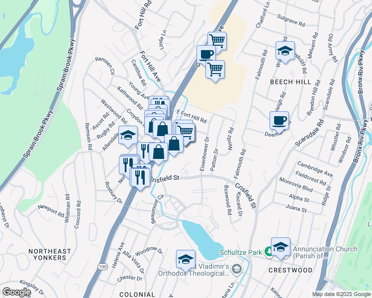 map of restaurants, bars, coffee shops, grocery stores, and more near 2350 Central Park Avenue in Yonkers
