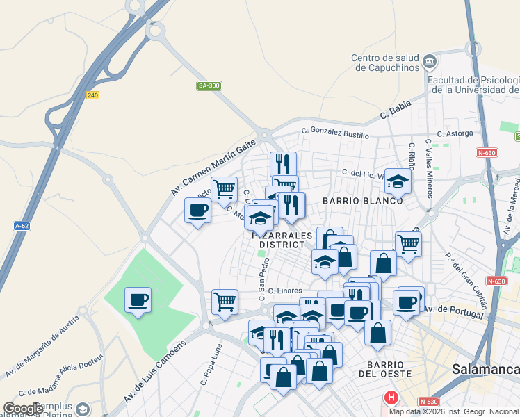map of restaurants, bars, coffee shops, grocery stores, and more near Calle Rodríguez Hernández in Salamanca