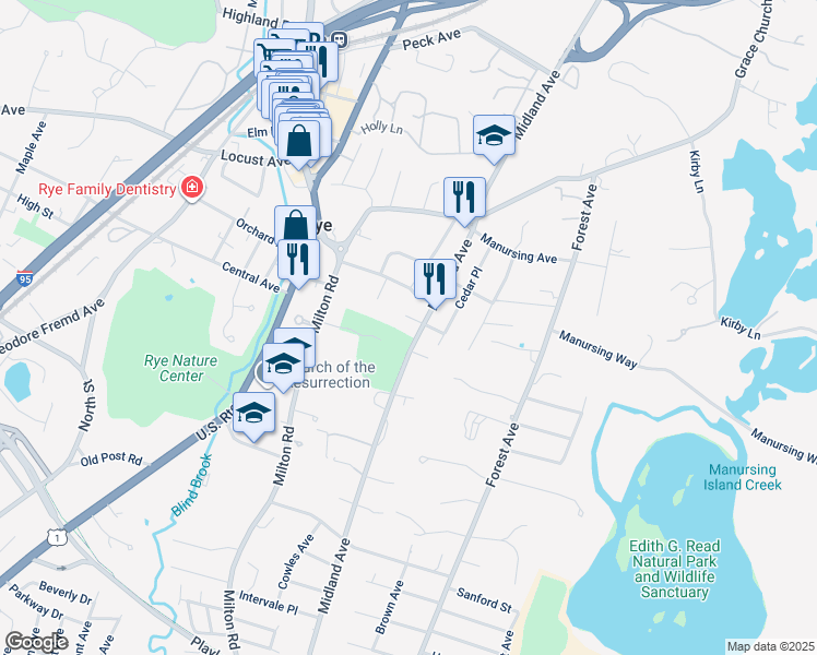 map of restaurants, bars, coffee shops, grocery stores, and more near 336 Midland Avenue in Rye