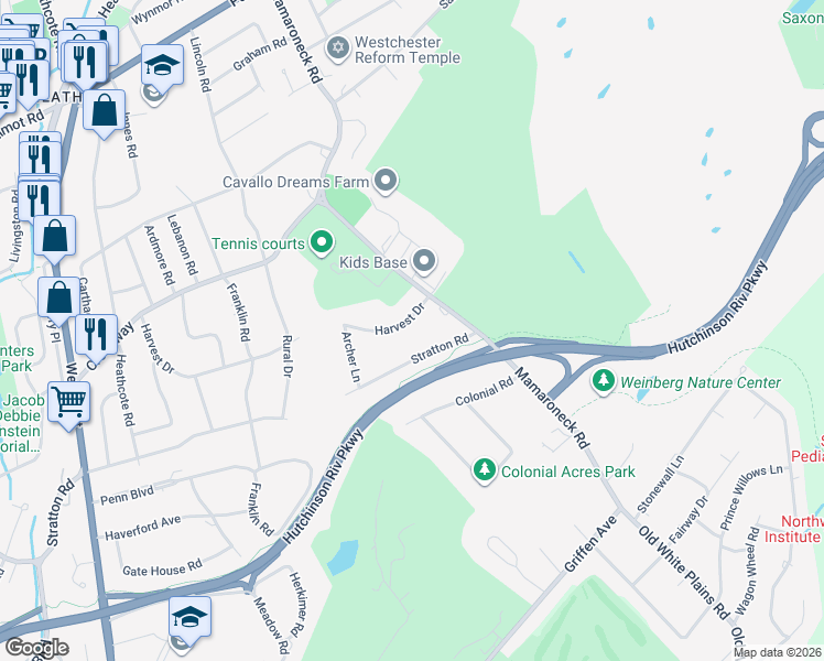 map of restaurants, bars, coffee shops, grocery stores, and more near 68 Stratton Road in Scarsdale