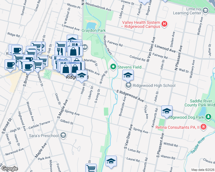 map of restaurants, bars, coffee shops, grocery stores, and more near 14 Southern Parkway in Ridgewood