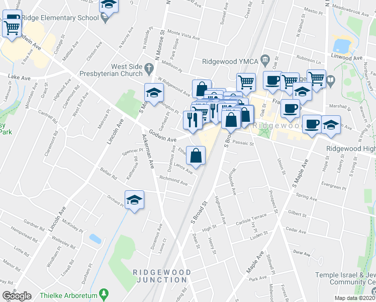 map of restaurants, bars, coffee shops, grocery stores, and more near 28 Ethelbert Place in Ridgewood