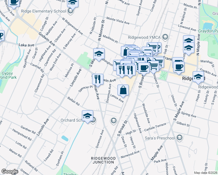 map of restaurants, bars, coffee shops, grocery stores, and more near 121 Doremus Avenue in Ridgewood