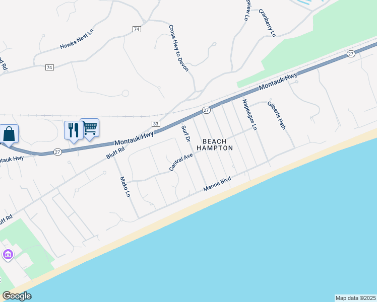 map of restaurants, bars, coffee shops, grocery stores, and more near 38 Surf Drive in Amagansett