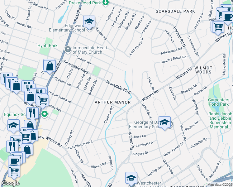 map of restaurants, bars, coffee shops, grocery stores, and more near 164 Clarence Road in Scarsdale