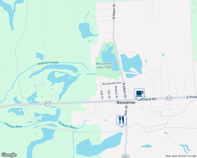map of restaurants, bars, coffee shops, grocery stores, and more near 30 Oak Street in Bessemer