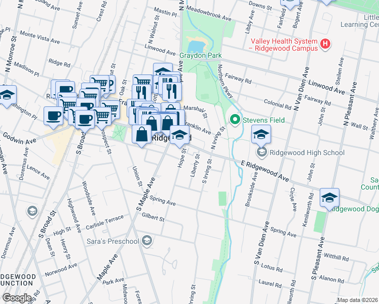 map of restaurants, bars, coffee shops, grocery stores, and more near 101 Hope Street in Ridgewood