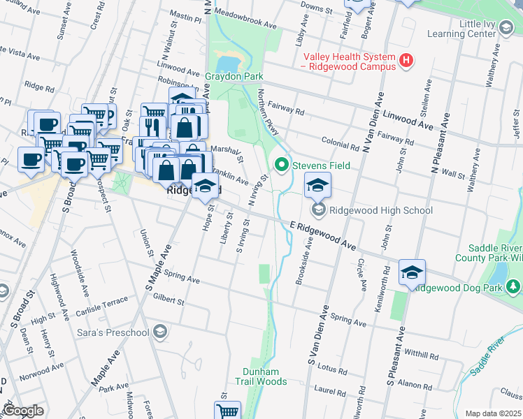 map of restaurants, bars, coffee shops, grocery stores, and more near 14 Southern Parkway in Ridgewood