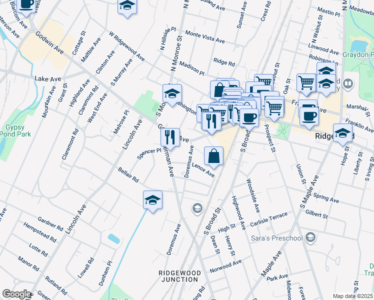 map of restaurants, bars, coffee shops, grocery stores, and more near 121 Doremus Avenue in Ridgewood