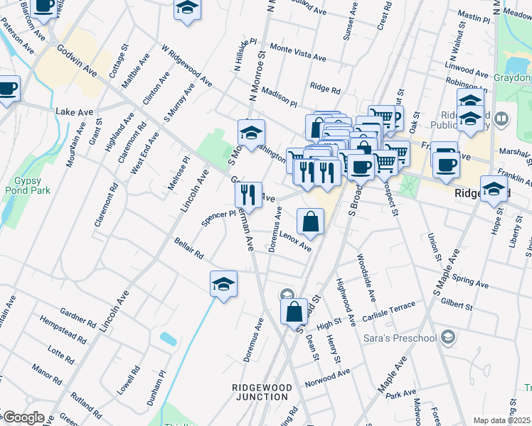 map of restaurants, bars, coffee shops, grocery stores, and more near 125 Lenox Avenue in Ridgewood