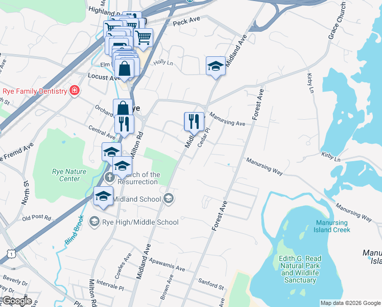 map of restaurants, bars, coffee shops, grocery stores, and more near 378 Midland Avenue in Rye