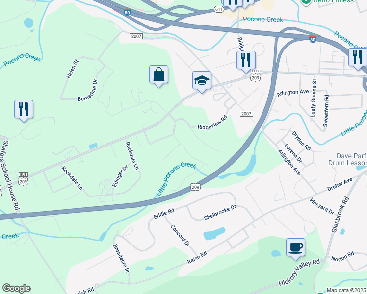 map of restaurants, bars, coffee shops, grocery stores, and more near West Hills Drive in Stroudsburg