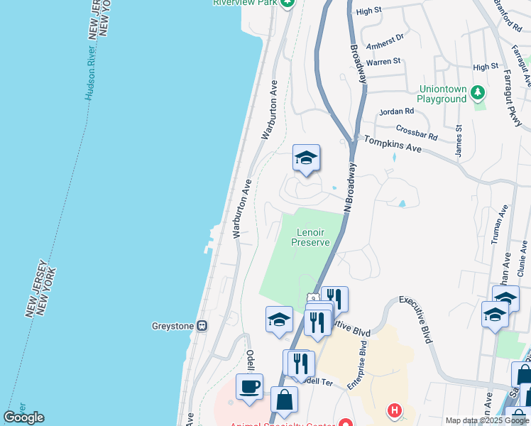 map of restaurants, bars, coffee shops, grocery stores, and more near 1 Riverpointe Road in Hastings-on-Hudson