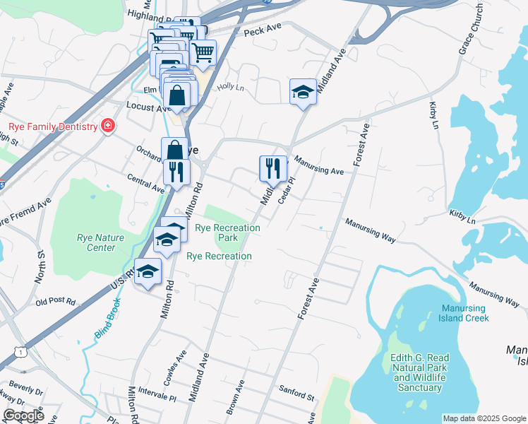 map of restaurants, bars, coffee shops, grocery stores, and more near 378 Midland Avenue in Rye