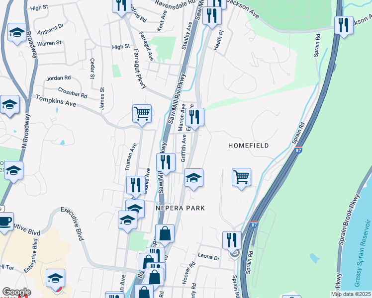 map of restaurants, bars, coffee shops, grocery stores, and more near 29 Minetta Place in Yonkers