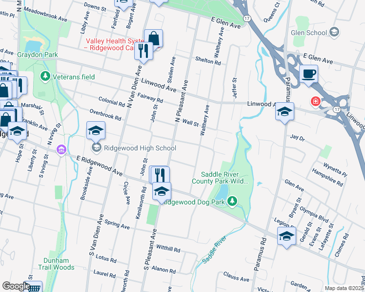 map of restaurants, bars, coffee shops, grocery stores, and more near 111 North Pleasant Avenue in Ridgewood