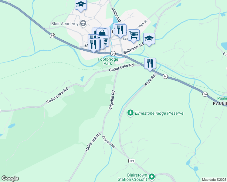 map of restaurants, bars, coffee shops, grocery stores, and more near 12 Edgehill Road in Blairstown