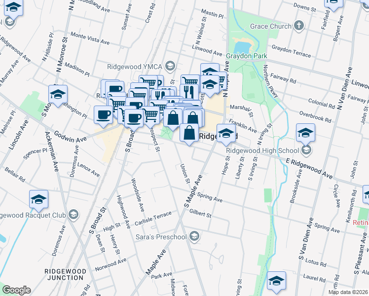 map of restaurants, bars, coffee shops, grocery stores, and more near 172 Dayton Street in Ridgewood