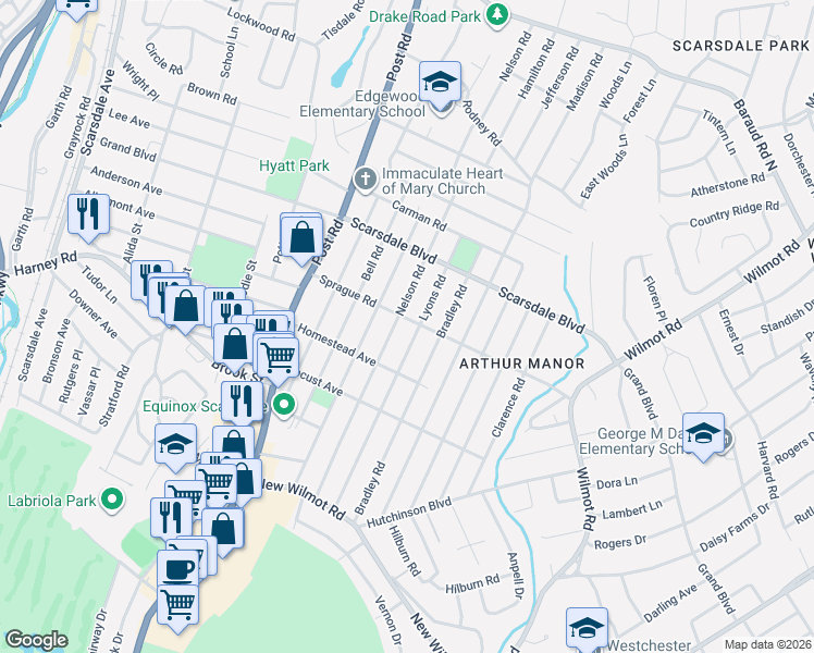 map of restaurants, bars, coffee shops, grocery stores, and more near 167 Lyons Road in Scarsdale