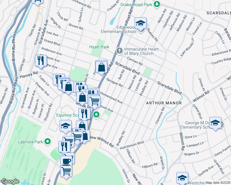 map of restaurants, bars, coffee shops, grocery stores, and more near 145 Bell Road in Scarsdale
