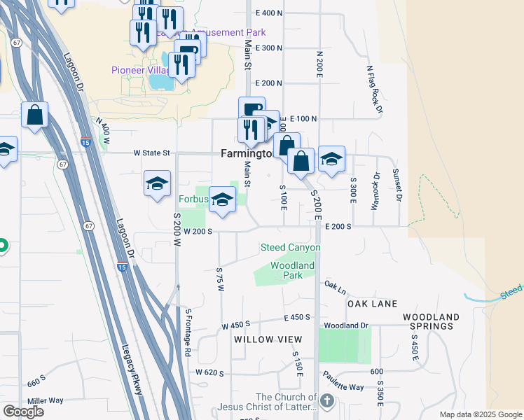 map of restaurants, bars, coffee shops, grocery stores, and more near 175 South Main Street in Farmington