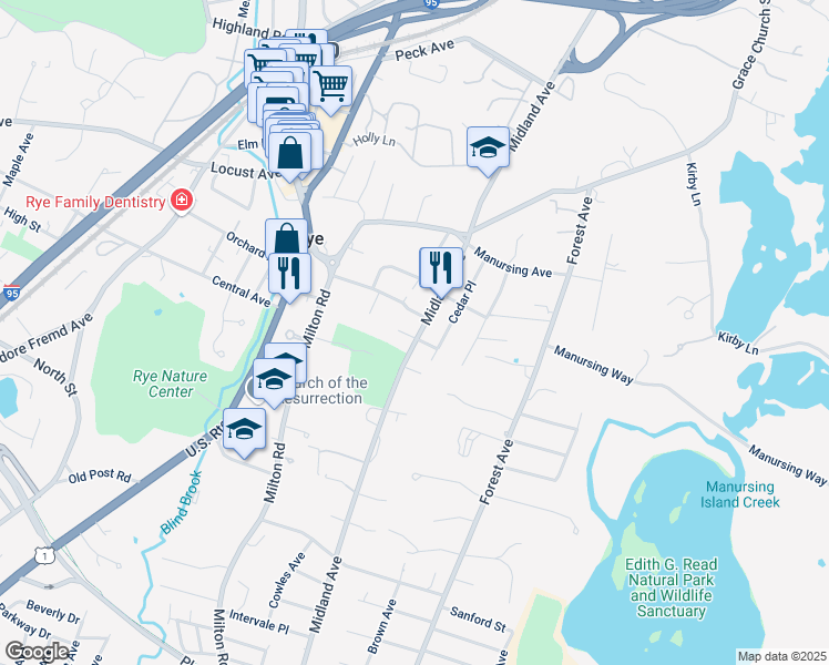 map of restaurants, bars, coffee shops, grocery stores, and more near 62 Palisade Road in Rye