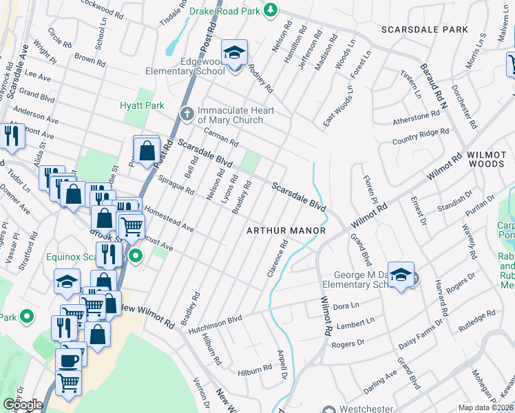 map of restaurants, bars, coffee shops, grocery stores, and more near 181 Johnson Road in Scarsdale