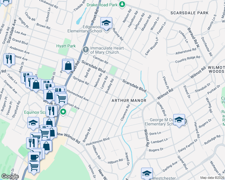 map of restaurants, bars, coffee shops, grocery stores, and more near 174 Bradley Road in Scarsdale