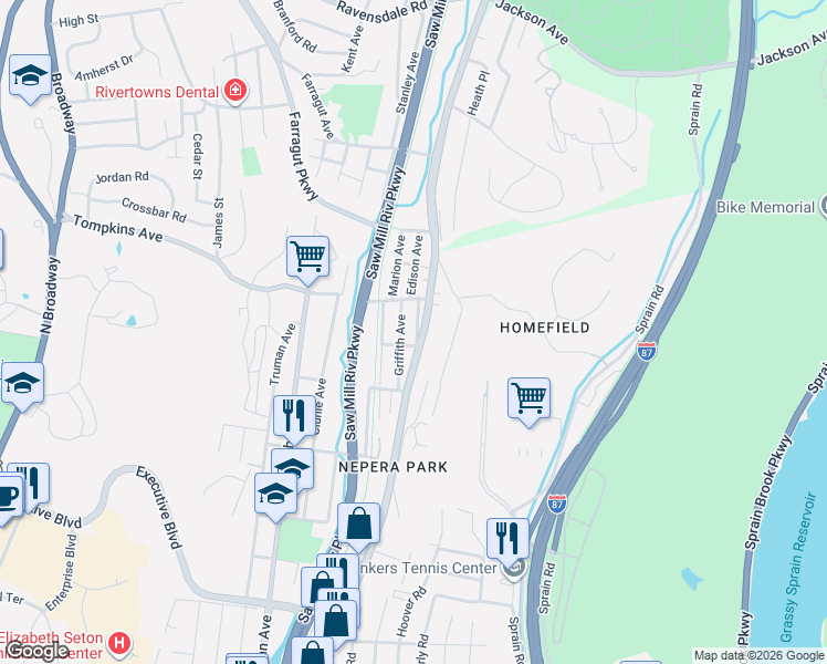 map of restaurants, bars, coffee shops, grocery stores, and more near 29 Minetta Place in Yonkers