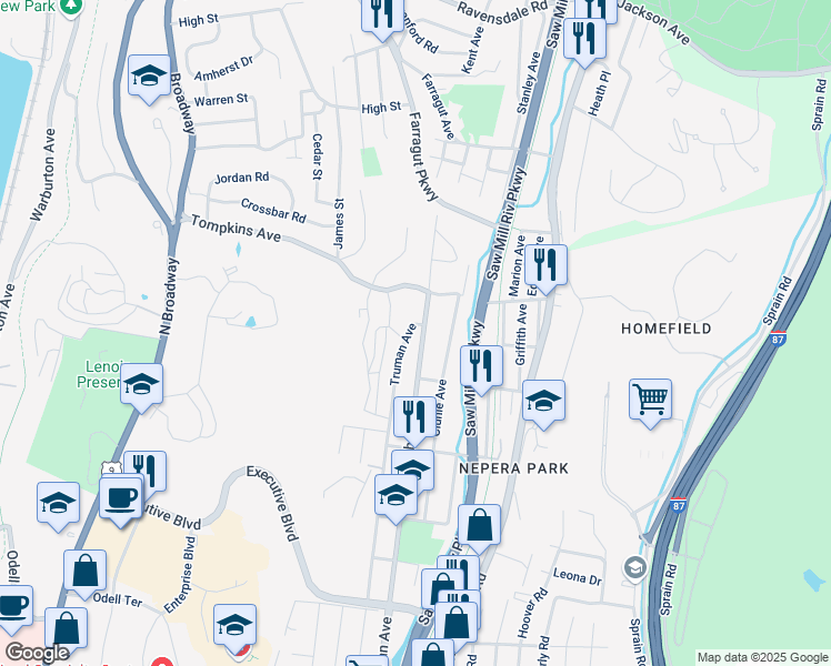 map of restaurants, bars, coffee shops, grocery stores, and more near 1570 Nepperhan Avenue in Yonkers