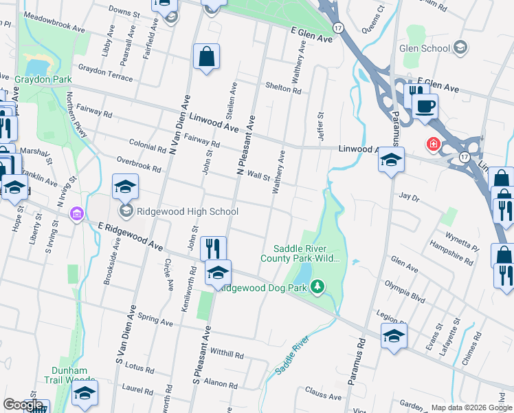 map of restaurants, bars, coffee shops, grocery stores, and more near 120 Walthery Avenue in Ridgewood