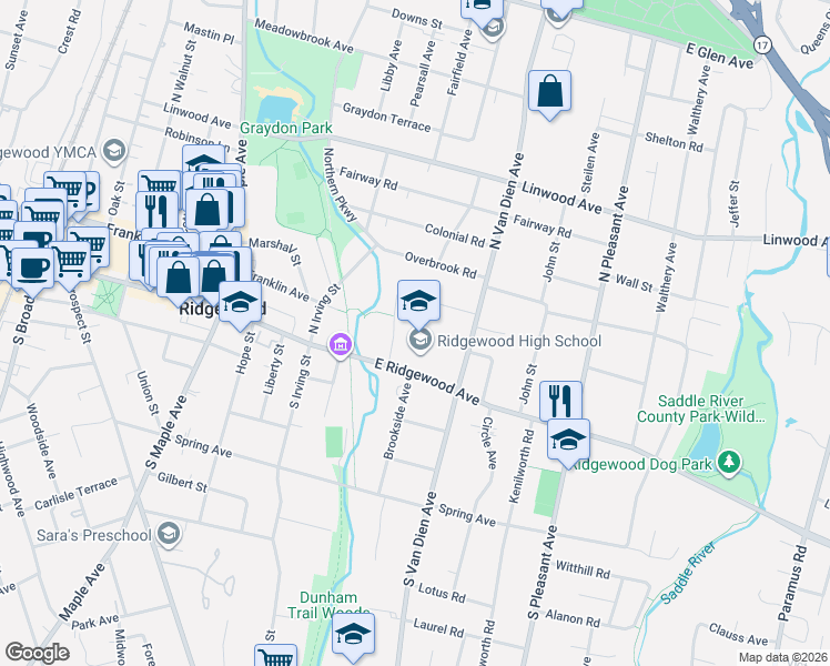 map of restaurants, bars, coffee shops, grocery stores, and more near 12 Heermance Place in Ridgewood