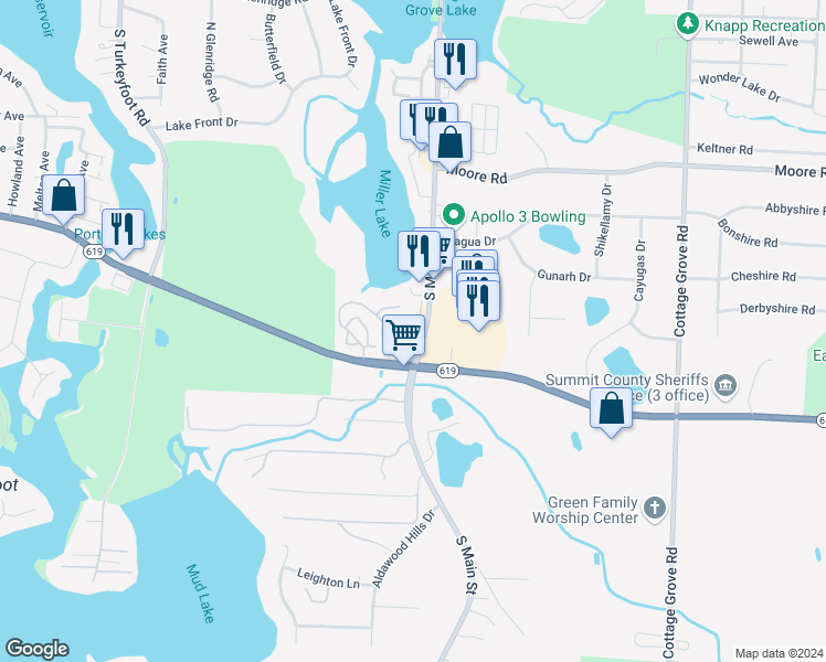 map of restaurants, bars, coffee shops, grocery stores, and more near 3970 Boardwalk Drive in Akron