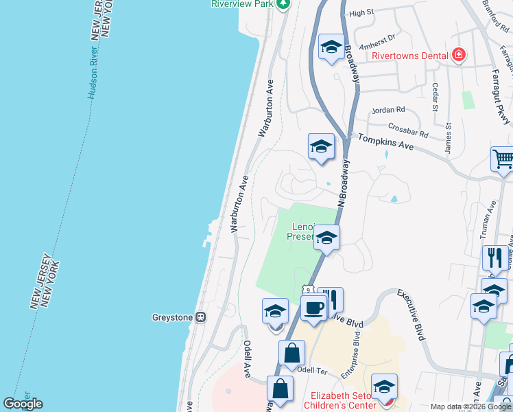 map of restaurants, bars, coffee shops, grocery stores, and more near 1 Riverpointe Road in Hastings-on-Hudson