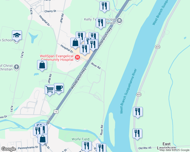 map of restaurants, bars, coffee shops, grocery stores, and more near 15 Ridgecrest Circle in Lewisburg