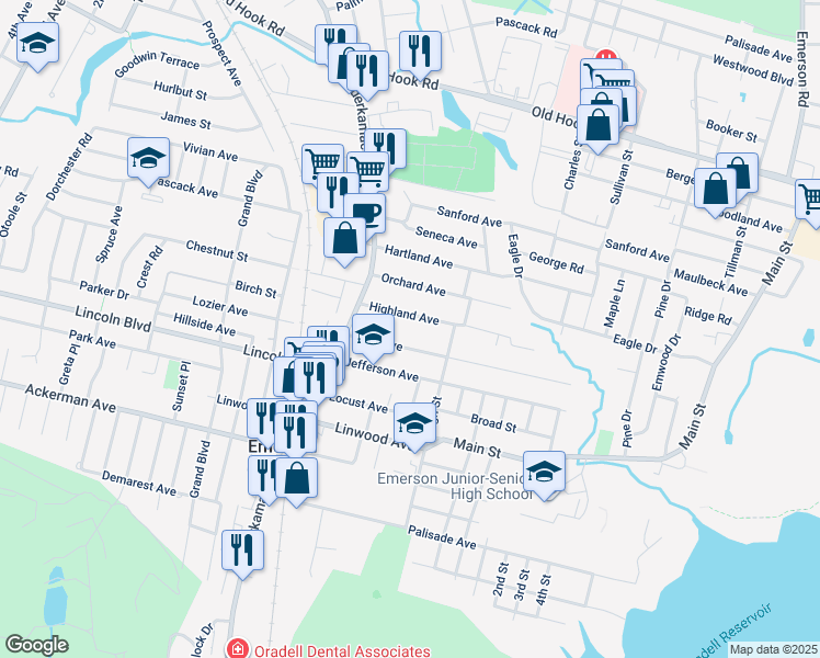map of restaurants, bars, coffee shops, grocery stores, and more near 24 Highland Avenue in Emerson