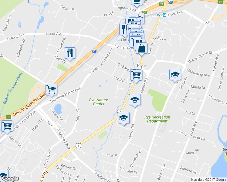 map of restaurants, bars, coffee shops, grocery stores, and more near 14 Loewen Court in Rye