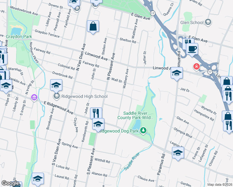 map of restaurants, bars, coffee shops, grocery stores, and more near 120 Walthery Avenue in Ridgewood