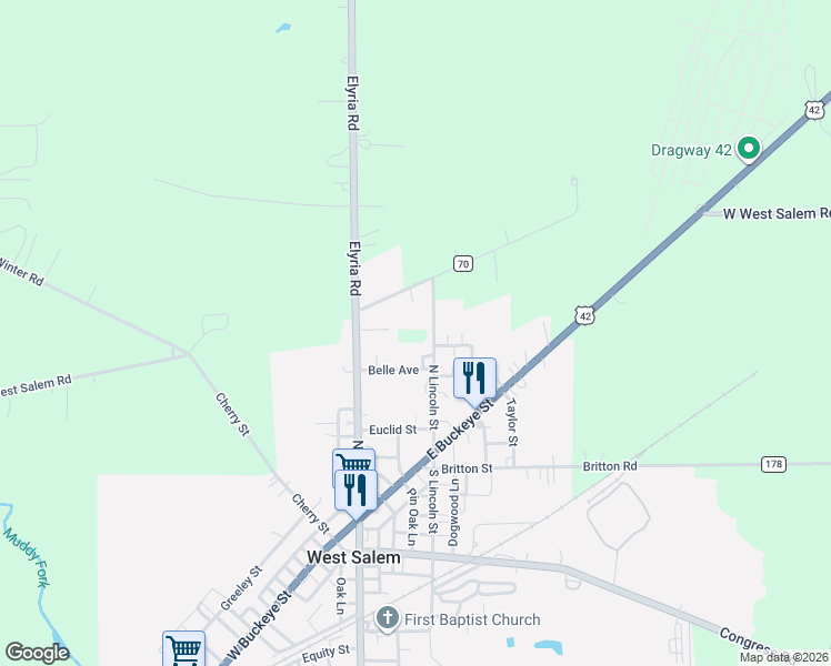 map of restaurants, bars, coffee shops, grocery stores, and more near 62 West West Salem Road in West Salem