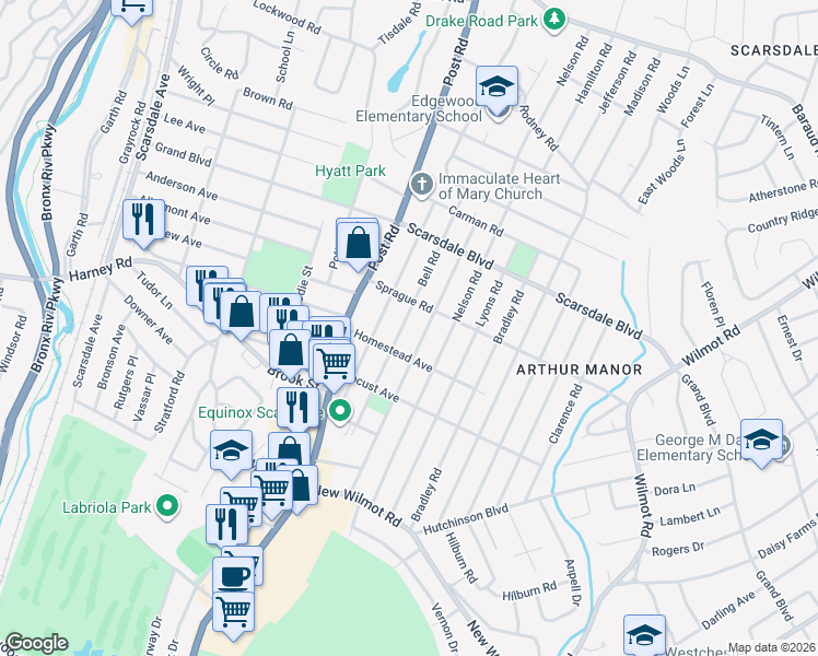 map of restaurants, bars, coffee shops, grocery stores, and more near 145 Bell Road in Scarsdale