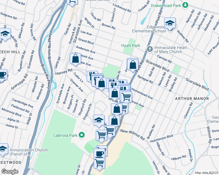 map of restaurants, bars, coffee shops, grocery stores, and more near 151 Montgomery Avenue in Scarsdale