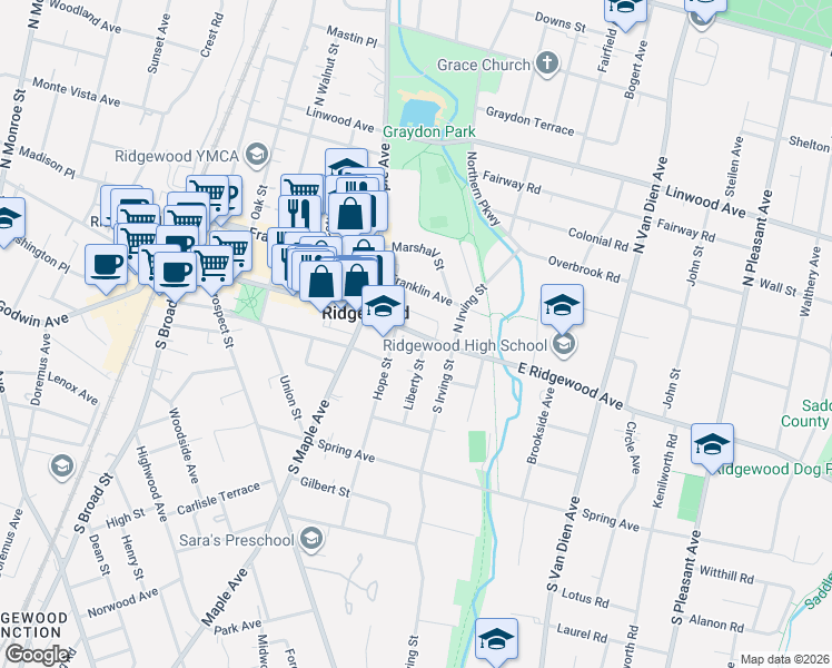 map of restaurants, bars, coffee shops, grocery stores, and more near 333 East Ridgewood Avenue in Ridgewood