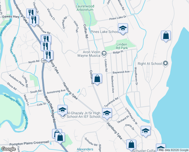 map of restaurants, bars, coffee shops, grocery stores, and more near 5 Bryan Court in Wayne