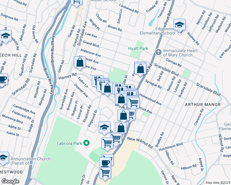 map of restaurants, bars, coffee shops, grocery stores, and more near 151 Montgomery Avenue in Scarsdale
