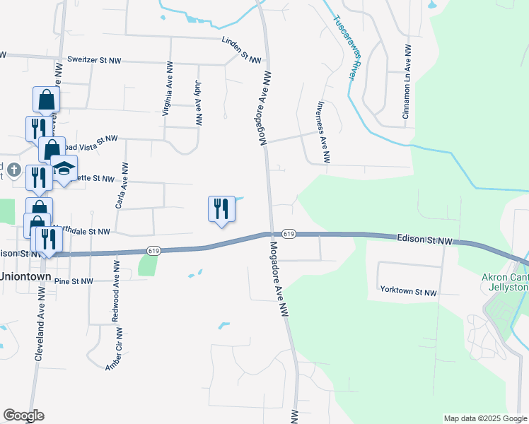 map of restaurants, bars, coffee shops, grocery stores, and more near 13088 Mogadore Avenue Northwest in Uniontown