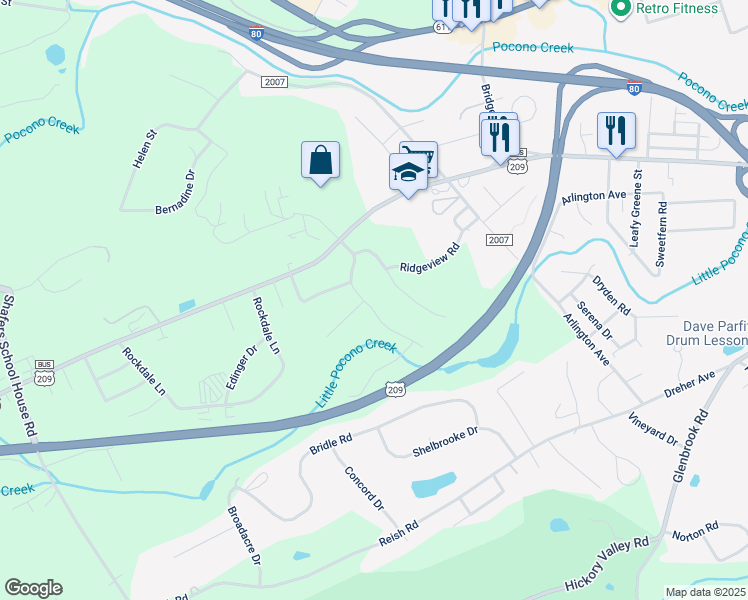 map of restaurants, bars, coffee shops, grocery stores, and more near West Hills Drive in Stroudsburg