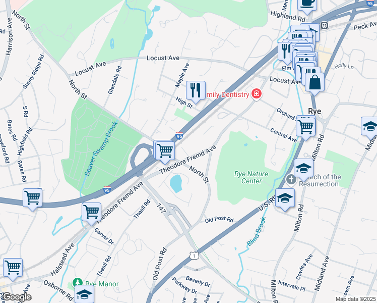 map of restaurants, bars, coffee shops, grocery stores, and more near 176 Theodore Fremd Avenue in Rye